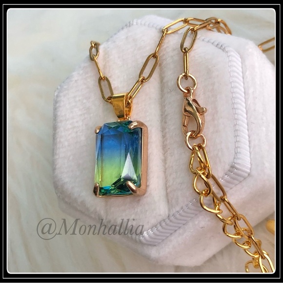 New Gold Square Blue & Green Topaz Tourmaline Paperclip Necklace - Picture 2 of 4